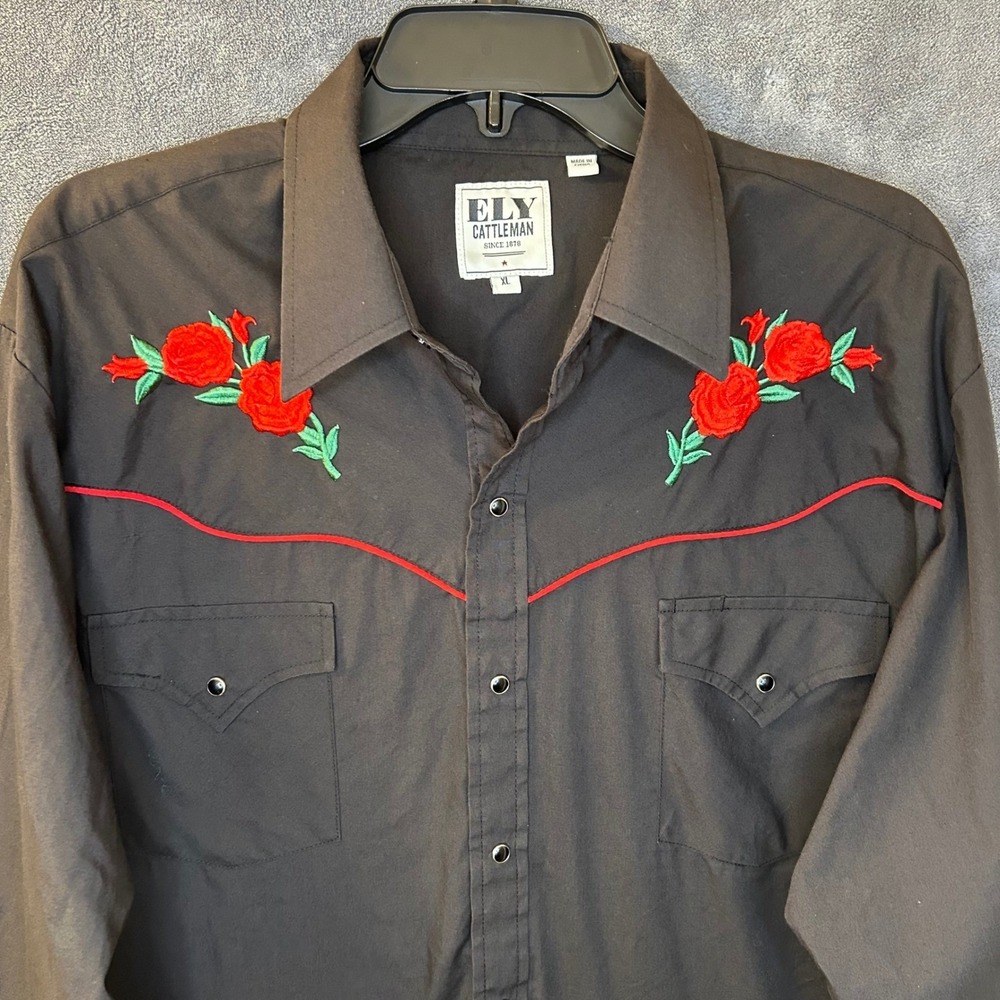 Ely Cattleman Mens XL Black Western Snap Shirt Red Rose Embroidered Floral Yoke